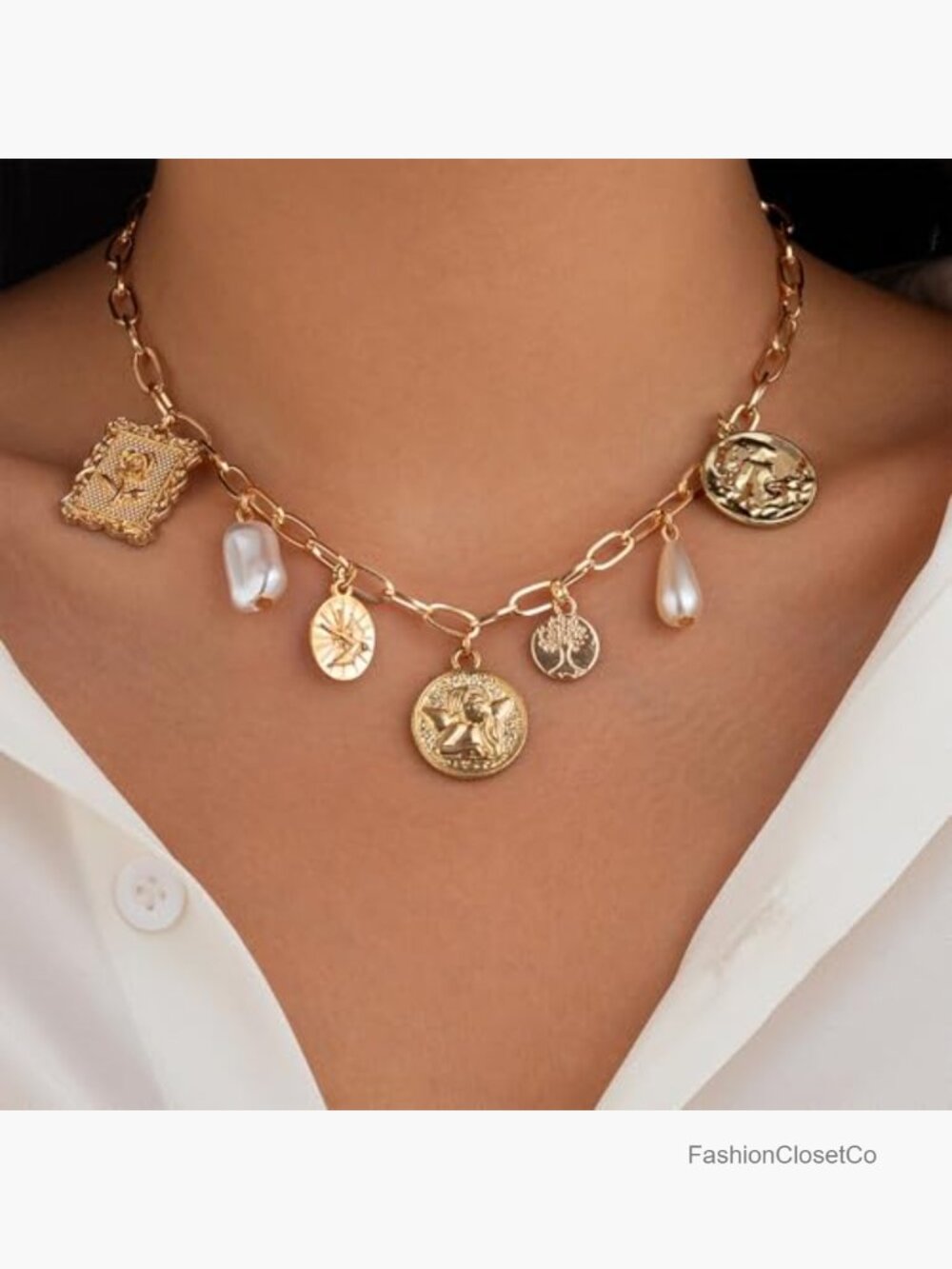 Vintage Gold Pearl Square Pendant Necklace Chic Charm Adjustable Bohemian - Picture 2 of 7